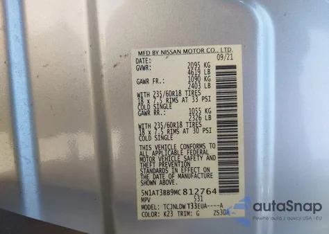 2021 Nissan Rogue Sv Intelligent Awd z USA, uszkodzony, nr VIN 5N1AT3BB9MC812764